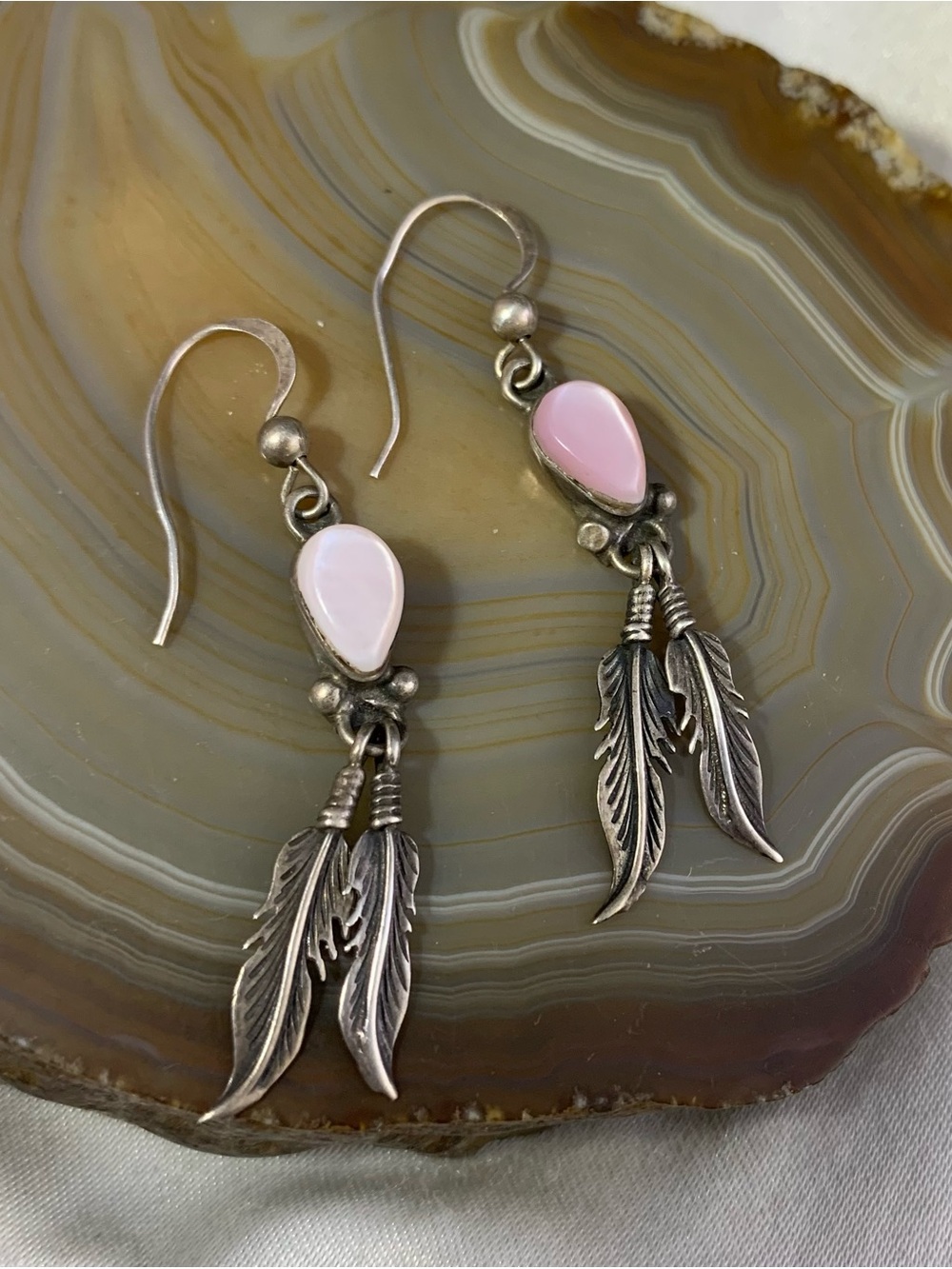 Sterling Silver Pink Teardrop Feather Drop Earrings,Vintage Native Style.